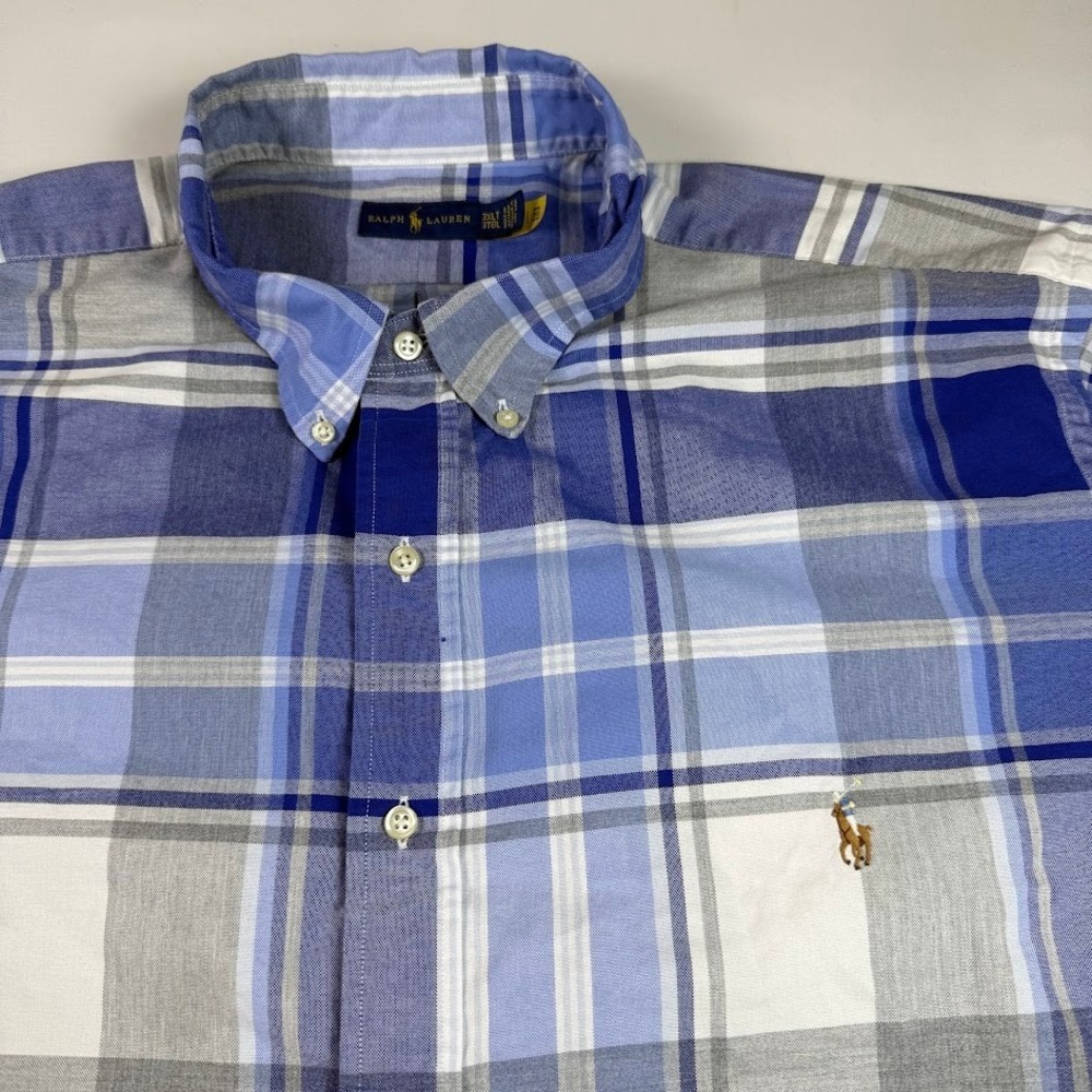 Ralph Lauren Button Down Shirt Mens 3XLT Blue Plaid Cotton Flesh Pony